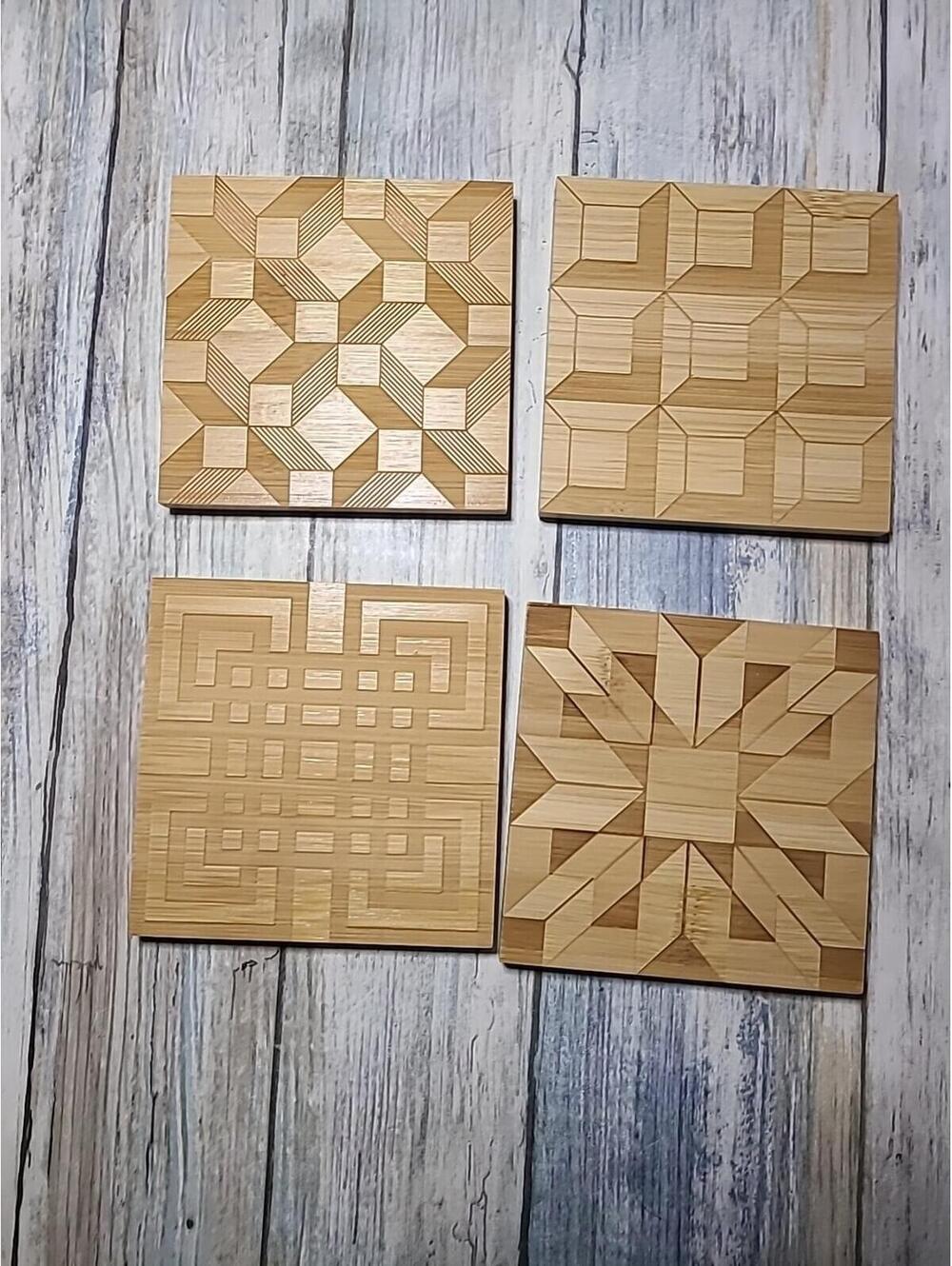 4 Built Quilt Coasters Wooden Square